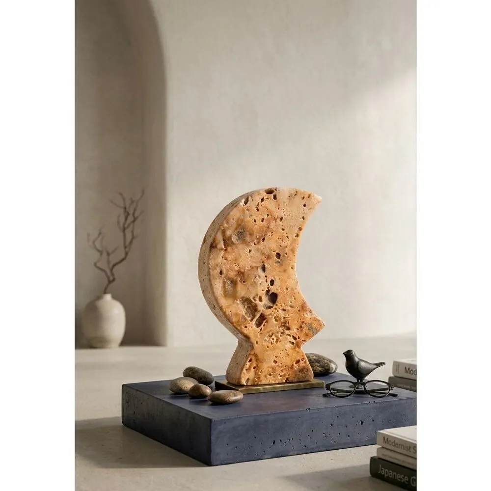 Vintage Natural Travertine Moon Sculpture Hand Carved Stone Crescent Modern Deco